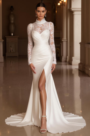 Mermaid Ivory Appliqued Long Sleeve Wedding Dress With Slit